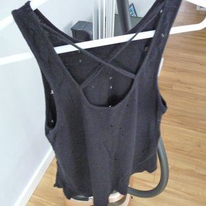ITALIAN TRENDY GRUNGE DESTRESED BLACK COTTON/LINEN BLEND TANK TOP SIZE M